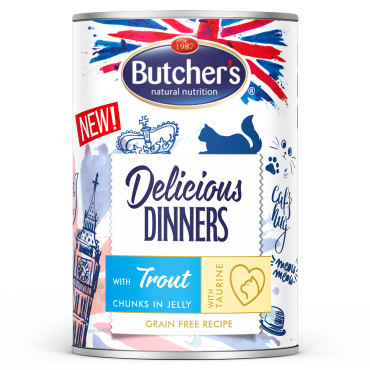 BUTCHERS DELICIOUS DINNERS KAWAŁKI Z PSTRĄGIEM W GALARETCE KARMA DLA KOTA